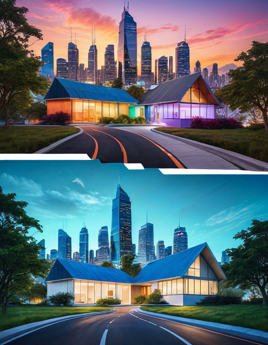 A split scene illustrating the journey from traditional banking to modern tech solutions, featuring a cozy home with a 'For Sale' sign representing mortgages on one side, and a sleek tech workspace showing APIs and digital financial tools on the other. Include a pathway connecting the two worlds, symbolizing progress, with a futuristic skyline in the background. The colors should be vibrant and inviting, creating a sense of optimism and innovation. super-realistic. vibrant colors. white background.