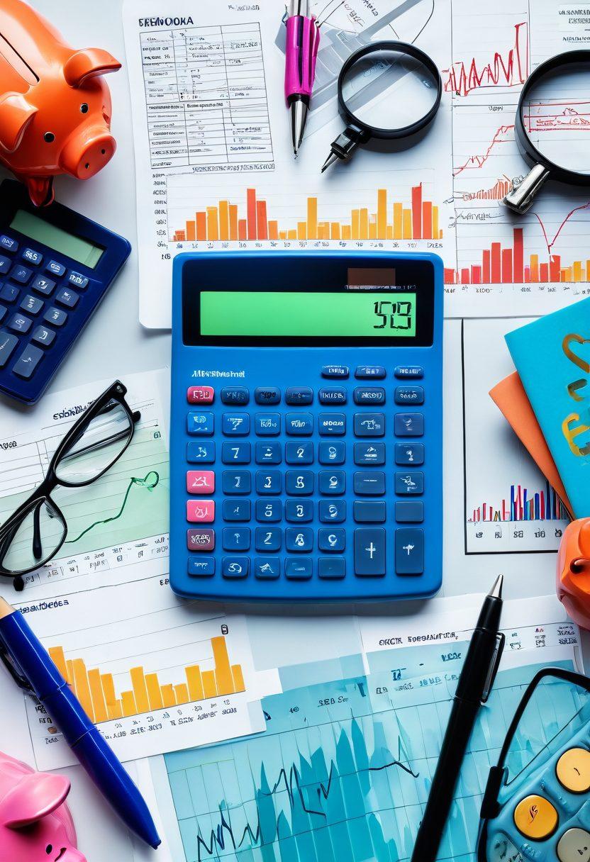 A visually striking collage representing various financial tools like calculators, piggy banks, stock charts, and investment portfolios in a vibrant, engaging layout. Include a magnifying glass symbolizing the uncovering of savings strategies, with a background of abstract monetary symbols. The overall feel should depict exploration and clarity in finances. super-realistic. vibrant colors. white background.